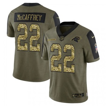 Men's Carolina Panthers #22 Christian McCaffrey 2021 Olive Camo Salute To Service Limited Stitched Jersey Men's Carolina Panthers #22 Christian McCaffrey 2021 Olive Camo Salute To Service Limited Stitched Jersey