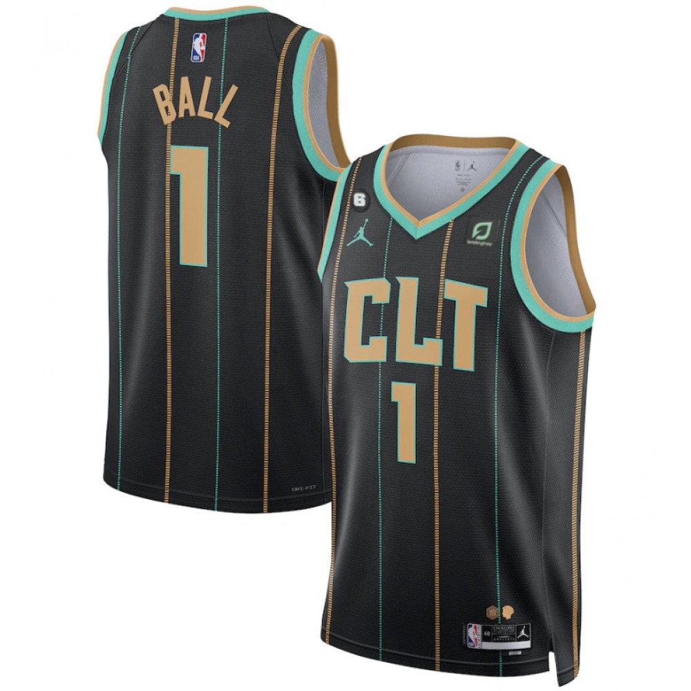 Men's Charlotte Hornets #1 LaMelo Ball Black 2022/23 City Edition No.6 Patch Stitched Basketball Jersey
