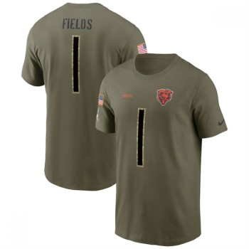 Men's Chicago Bears #1 Justin Fields 2022 Olive Salute to Service T-Shirt Men's Chicago Bears #1 Justin Fields 2022 Olive Salute to Service T-Shirt