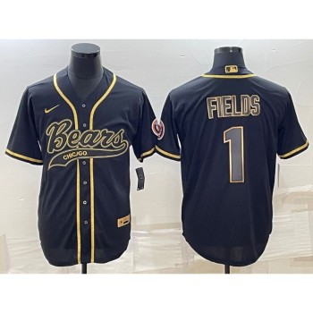 Men's Chicago Bears #1 Justin Fields Black Gold With Patch Cool Base Stitched Baseball Jersey Men's Chicago Bears #1 Justin Fields Black Gold With Patch Cool Base Stitched Baseball Jersey