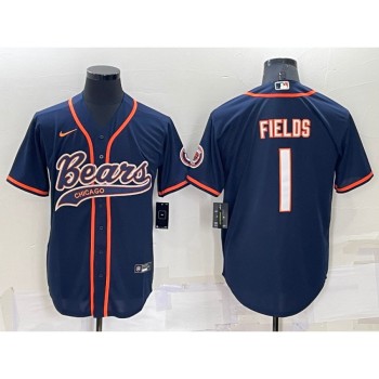 Men's Chicago Bears #1 Justin Fields Navy Cool Base Stitched Baseball Jersey Men's Chicago Bears #1 Justin Fields Navy Cool Base Stitched Baseball Jersey