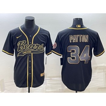 Men's Chicago Bears #34 Walter Payton Black Gold With Patch Cool Base Stitched Baseball Jersey Men's Chicago Bears #34 Walter Payton Black Gold With Patch Cool Base Stitched Baseball Jersey