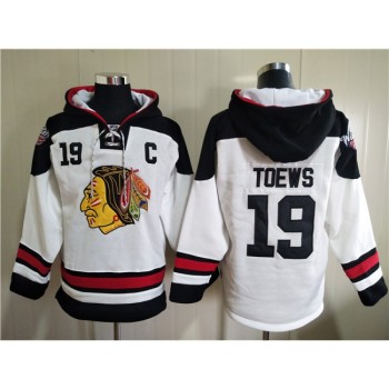 Men's Chicago Blackhawks #19 Jonathan Toews White Ageless Must-Have Lace-Up Pullover Hoodie Men's Chicago Blackhawks #19 Jonathan Toews White Ageless Must-Have Lace-Up Pullover Hoodie
