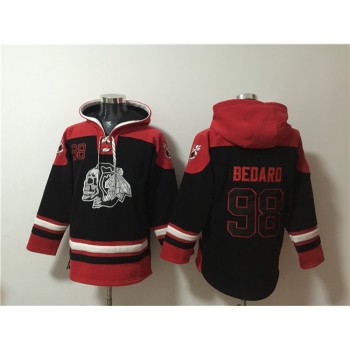 Men's Chicago Blackhawks #98 Connor Bedard Black Lace-Up Pullover Hoodie Men's Chicago Blackhawks #98 Connor Bedard Black Lace-Up Pullover Hoodie