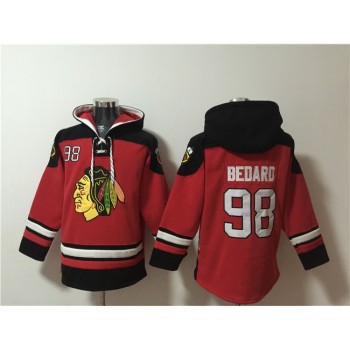 Men's Chicago Blackhawks #98 Connor Bedard Red Lace-Up Pullover Hoodie Men's Chicago Blackhawks #98 Connor Bedard Red Lace-Up Pullover Hoodie