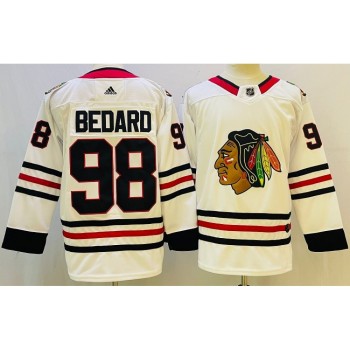 Men's Chicago Blackhawks #98 Connor Bedard White Black Stitched Jersey Men's Chicago Blackhawks #98 Connor Bedard White Black Stitched Jersey