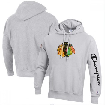 Men's Chicago Blackhawks Champion Heathered Gray Reverse Weave Pullover Hoodie Men's Chicago Blackhawks Champion Heathered Gray Reverse Weave Pullover Hoodie