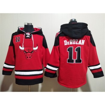 Men's Chicago Bulls #11 DeMar DeRozan Red/Black Ageless Must-Have Lace-Up Pullover Hoodie Men's Chicago Bulls #11 DeMar DeRozan Red/Black Ageless Must-Have Lace-Up Pullover Hoodie
