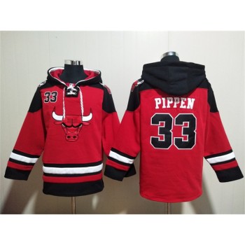Men's Chicago Bulls #33 Scottie Pippen Red/Black Ageless Must-Have Lace-Up Pullover Hoodie Men's Chicago Bulls #33 Scottie Pippen Red/Black Ageless Must-Have Lace-Up Pullover Hoodie