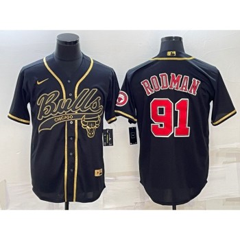 Men's Chicago Bulls #91 Dennis Rodman Black Gold With Patch Cool Base Stitched Baseball Jersey Men's Chicago Bulls #91 Dennis Rodman Black Gold With Patch Cool Base Stitched Baseball Jersey