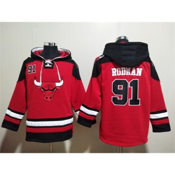 Men's Chicago Bulls #91 Dennis Rodman Red/Black Ageless Must-Have Lace-Up Pullover Hoodie Men's Chicago Bulls #91 Dennis Rodman Red/Black Ageless Must-Have Lace-Up Pullover Hoodie