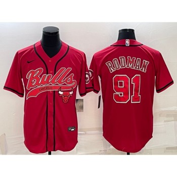Men's Chicago Bulls #91 Dennis Rodman Red With Patch Cool Base Stitched Baseball Jersey Men's Chicago Bulls #91 Dennis Rodman Red With Patch Cool Base Stitched Baseball Jersey
