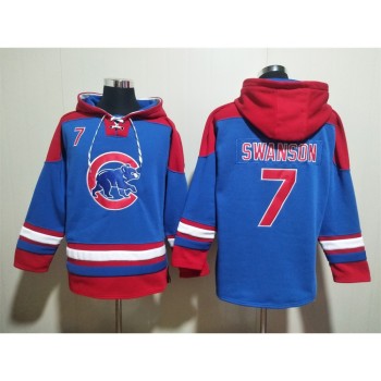 Men's Chicago Cubs #7 Dansby Swanson Royal/Red Ageless Must-Have Lace-Up Pullover Hoodie Men's Chicago Cubs #7 Dansby Swanson Royal/Red Ageless Must-Have Lace-Up Pullover Hoodie
