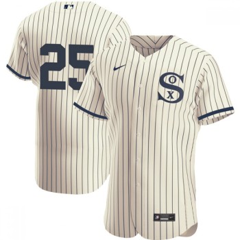 Men's Chicago White Sox #25 Andrew Vaughn 2021 Cream/Navy Field of Dreams Flex Base Stitched Jersey Men's Chicago White Sox #25 Andrew Vaughn 2021 Cream/Navy Field of Dreams Flex Base Stitched Jersey