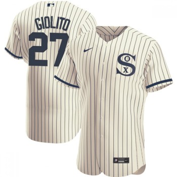 Men's Chicago White Sox #27 Lucas Giolito 2021 Cream/Navy Field of Dreams Name&Number Flex Base Stitched Jersey Men's Chicago White Sox #27 Lucas Giolito 2021 Cream/Navy Field of Dreams Name&Number Flex Base Stitched Jersey