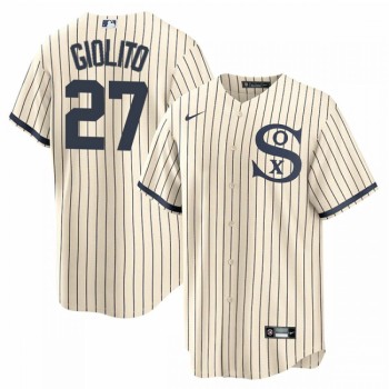 Men's Chicago White Sox #27 Lucas Giolito 2021 Cream/Navy Name&Number Field of Dreams Cool Base Stitched Jersey Men's Chicago White Sox #27 Lucas Giolito 2021 Cream/Navy Name&Number Field of Dreams Cool Base Stitched Jersey