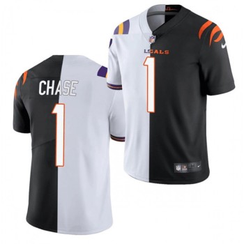 Men's Cincinnati Bengals #1 Ja'Marr Chase 2021 Black/White Split Stitched NFL Jersey Men's Cincinnati Bengals #1 Ja'Marr Chase 2021 Black/White Split Stitched NFL Jersey