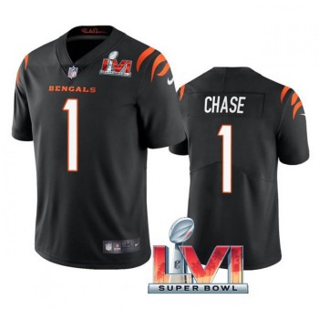 Men's Cincinnati Bengals #1 Ja'Marr Chase 2022 Black Super Bowl LVI Vapor Limited Stitched Jersey Men's Cincinnati Bengals #1 Ja'Marr Chase 2022 Black Super Bowl LVI Vapor Limited Stitched Jersey
