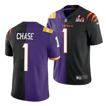 Men's Cincinnati Bengals #1 Ja'Marr Chase 2022 Purple/Black Split Super Bowl LVI Stitched Jersey Men's Cincinnati Bengals #1 Ja'Marr Chase 2022 Purple/Black Split Super Bowl LVI Stitched Jersey