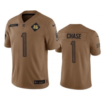 Men's Cincinnati Bengals #1 Ja'Marr Chase 2023 Brown Salute To Service Limited Stitched Jersey Men's Cincinnati Bengals #1 Ja'Marr Chase 2023 Brown Salute To Service Limited Stitched Jersey