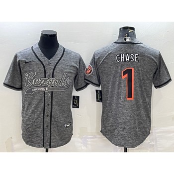 Men's Cincinnati Bengals #1 Ja'Marr Chase Grey With Patch Cool Base Stitched Baseball Jersey Men's Cincinnati Bengals #1 Ja'Marr Chase Grey With Patch Cool Base Stitched Baseball Jersey