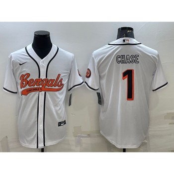 Men's Cincinnati Bengals #1 Ja'Marr Chase White With Patch Cool Base Stitched Baseball Jersey Men's Cincinnati Bengals #1 Ja'Marr Chase White With Patch Cool Base Stitched Baseball Jersey