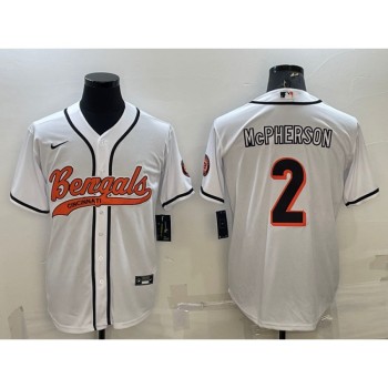 Men's Cincinnati Bengals #2 Evan McPherson White With Patch Cool Base Stitched Baseball Jersey Men's Cincinnati Bengals #2 Evan McPherson White With Patch Cool Base Stitched Baseball Jersey