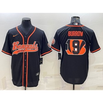 Men's Cincinnati Bengals #9 Joe Burrow Black Team Big Logo With Patch Cool Base Stitched Baseball Jersey Men's Cincinnati Bengals #9 Joe Burrow Black Team Big Logo With Patch Cool Base Stitched Baseball Jersey