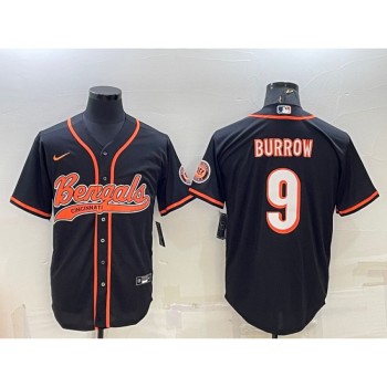 Men's Cincinnati Bengals #9 Joe Burrow Black With Patch Cool Base Stitched Baseball Jersey Men's Cincinnati Bengals #9 Joe Burrow Black With Patch Cool Base Stitched Baseball Jersey