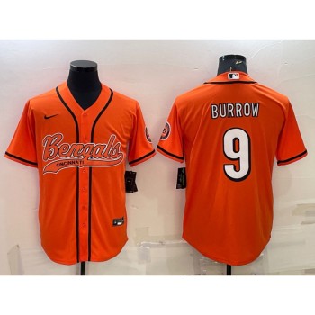 Men's Cincinnati Bengals #9 Joe Burrow Orange With Patch Cool Base Stitched Baseball Jersey Men's Cincinnati Bengals #9 Joe Burrow Orange With Patch Cool Base Stitched Baseball Jersey