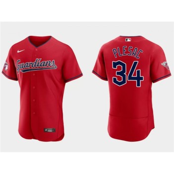 Men's Cleveland Guardians #34 Zach Plesac Red Flex Base Stitched Jersey Men's Cleveland Guardians #34 Zach Plesac Red Flex Base Stitched Jersey