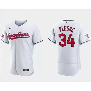 Men's Cleveland Guardians #34 Zach Plesac White Flex Base Stitched Jersey Men's Cleveland Guardians #34 Zach Plesac White Flex Base Stitched Jersey