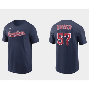 Men's Cleveland Guardians #57 Shane Bieber Navy Name & Number T-Shirt
