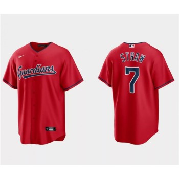 Men's Cleveland Guardians #7 Myles Straw Red Cool Base Stitched Jersey