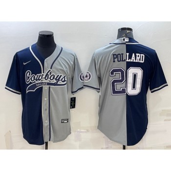 Men's Dallas Cowboys #20 Tony Pollard Navy/Grey Split With Patch Cool Base Stitched Baseball Jersey Men's Dallas Cowboys #20 Tony Pollard Navy/Grey Split With Patch Cool Base Stitched Baseball Jersey