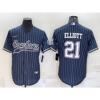 Men's Dallas Cowboys #21 Ezekiel Elliott Navy With Patch Cool Base Stitched Baseball Jersey Men's Dallas Cowboys #21 Ezekiel Elliott Navy With Patch Cool Base Stitched Baseball Jersey
