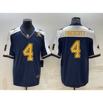 Men's Dallas Cowboys #4 Dak Prescott Navy Gold Edition With 1960 Patch Limited Stitched Football Jersey Men's Dallas Cowboys #4 Dak Prescott Navy Gold Edition With 1960 Patch Limited Stitched Football Jersey