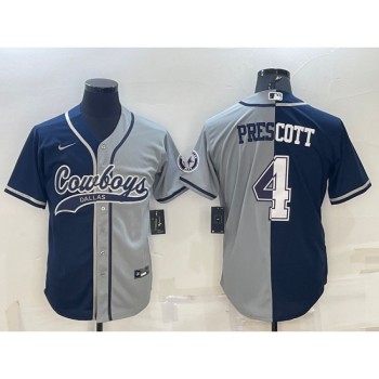 Men's Dallas Cowboys #4 Dak Prescott Navy/Grey Split With Patch Cool Base Stitched Baseball Jersey Men's Dallas Cowboys #4 Dak Prescott Navy/Grey Split With Patch Cool Base Stitched Baseball Jersey
