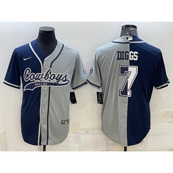 Men's Dallas Cowboys #7 Trevon Diggs Navy/Grey Split With Patch Cool Base Stitched Baseball Jersey Men's Dallas Cowboys #7 Trevon Diggs Navy/Grey Split With Patch Cool Base Stitched Baseball Jersey