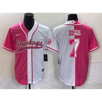 Men's Dallas Cowboys #7 Trevon Diggs Pink/White Split Cool Base Stitched Baseball Jersey Men's Dallas Cowboys #7 Trevon Diggs Pink/White Split Cool Base Stitched Baseball Jersey