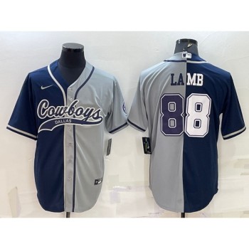 Men's Dallas Cowboys #88 CeeDee Lamb Navy/Grey Split With Patch Cool Base Stitched Baseball Jersey Men's Dallas Cowboys #88 CeeDee Lamb Navy/Grey Split With Patch Cool Base Stitched Baseball Jersey