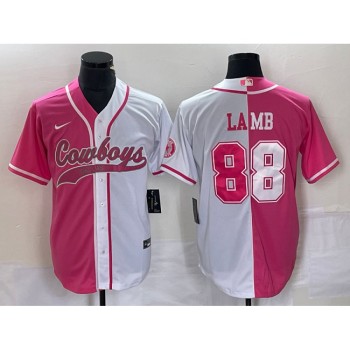 Men's Dallas Cowboys #88 CeeDee Lamb Pink/White Split Cool Base Stitched Baseball Jersey Men's Dallas Cowboys #88 CeeDee Lamb Pink/White Split Cool Base Stitched Baseball Jersey
