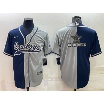 Men's Dallas Cowboys Navy/Grey Split Team Big Logo With Patch Cool Base Stitched Baseball Jersey Men's Dallas Cowboys Navy/Grey Split Team Big Logo With Patch Cool Base Stitched Baseball Jersey