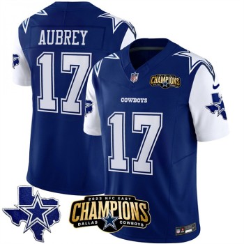 Men's Dallas Cowboys #17 Brandon Aubrey Blue/White 2023 F.U.S.E. NFC East Champions Patch Stitched Football Jersey Men's Dallas Cowboys #17 Brandon Aubrey Blue/White 2023 F.U.S.E. NFC East Champions Patch Stitched Football Jersey