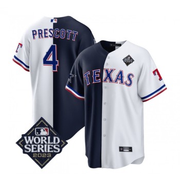 Men's Dallas Cowboys & Texas Rangers #4 Dak Prescott Navy/White Splite 2023 World Series Splite Stitched Baseball Jersey Men's Dallas Cowboys & Texas Rangers #4 Dak Prescott Navy/White Splite 2023 World Series Splite Stitched Baseball Jersey
