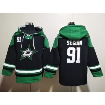 Men's Dallas Stars #91 Tyler Seguin Black Green Lace-Up Pullover Hoodie Men's Dallas Stars #91 Tyler Seguin Black Green Lace-Up Pullover Hoodie