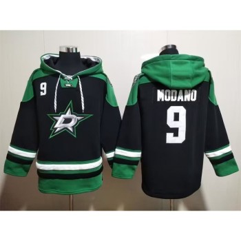 Men's Dallas Stars #9 Mike Modano Black Green Lace-Up Pullover Hoodie Men's Dallas Stars #9 Mike Modano Black Green Lace-Up Pullover Hoodie