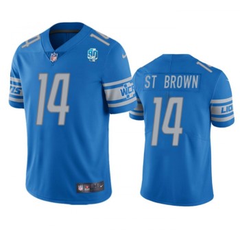 Men's Detroit Lions #14 Amon-Ra St. Brown Blue 2023 90th Anniversary Vapor Untouchable Limited Stitched Jersey Men's Detroit Lions #14 Amon-Ra St. Brown Blue 2023 90th Anniversary Vapor Untouchable Limited Stitched Jersey