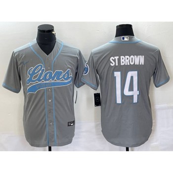 Men's Detroit Lions #14 Amon-Ra St. Brown Gray Cool Base Stitched Baseball Jersey Men's Detroit Lions #14 Amon-Ra St. Brown Gray Cool Base Stitched Baseball Jersey