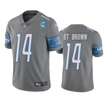 Men's Detroit Lions #14 Amon-Ra St. Brown Grey 2023 90th Anniversary Vapor Untouchable Limited Stitched Jersey Men's Detroit Lions #14 Amon-Ra St. Brown Grey 2023 90th Anniversary Vapor Untouchable Limited Stitched Jersey